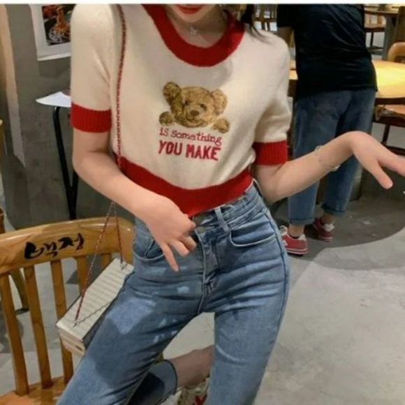 Tops - Bear Cropped Short-Sleeve Knit Top